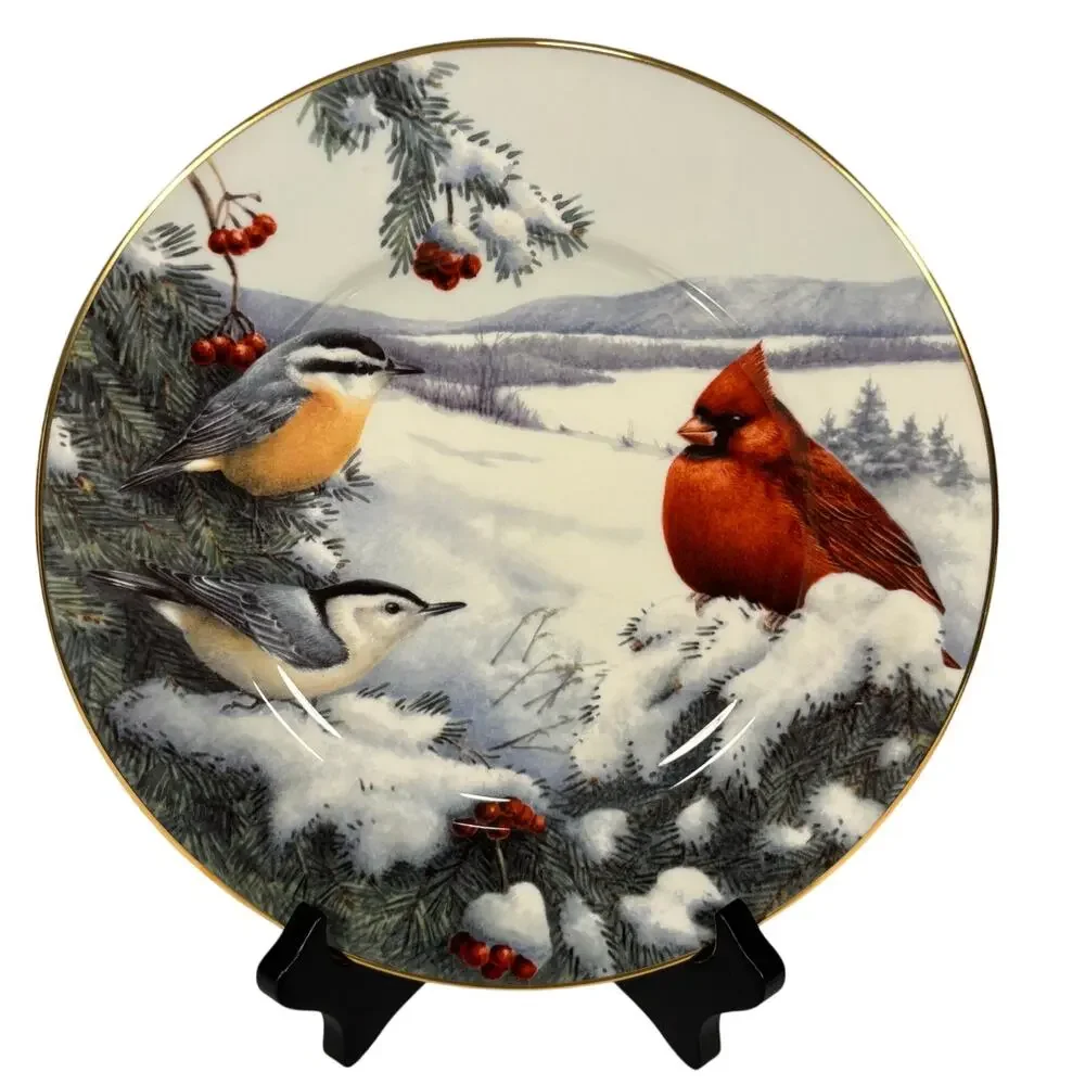 Lenox Winter Greetings Scenic Cardinal Waxwing Birds Serving Plates Bowl Set 3
